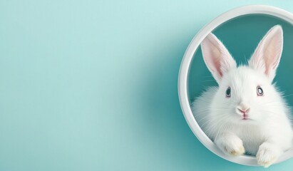 Fototapeta premium A cute and fluffy white rabbit curiously peeks through a charming circular frame set against a soft pastel background, beautifully evoking the joy and playfulness of the delightful Easter celebration