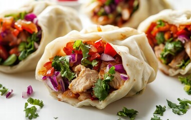 A juicy chicken shawarma wrap bursting with toppings, mid-motion on a clean white backdrop