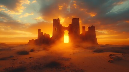 Obraz premium Sunlit desert castle ruins at sunset, sand, architecture, ancient.