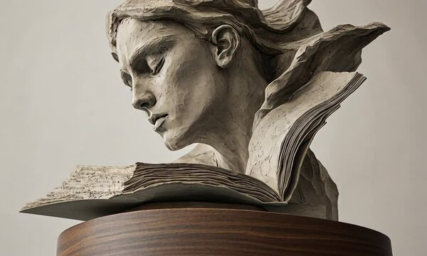 Elegant Sculptural Representation of a Woman with Flowing Hair and an Open Book, Capturing the Essence of Thought and Creativity in Modern Art