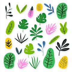 Naklejka premium An abstract Matisse-style floral pattern with leaves, set against a jungle green and summer backdrop. Suitable for fabric design, wallpaper, and apparel. Contemporary illustration.