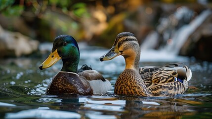Obraz premium Two mallard ducks resting near the water's edge