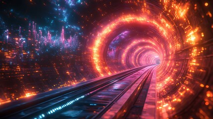 Fototapeta premium Futuristic train speeding through a vibrant, glowing tunnel with digital cityscape.