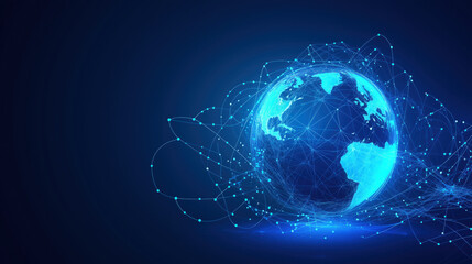 Abstract Technological Illustration of a Glowing Earth Sphere with Interconnected Lines Representing a Global Digital Web