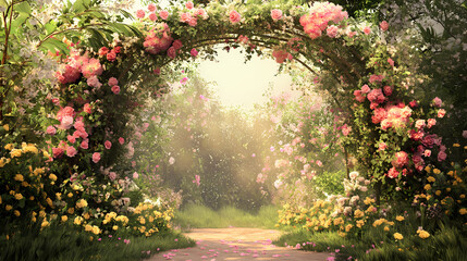 Stunning floral archway adorned with a lush array of blooming flowers and verdant foliage creating a dreamy and romantic setting for an outdoor wedding. Verdantine. Illustration