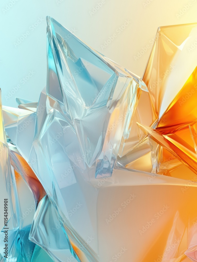 Poster Intricate abstract 3D composition featuring translucent shapes in blue and orange hues. Generative AI