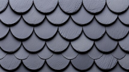 Concrete tiles are arranged in a fish scale pattern to form a wall, with a 3D, futuristic background made from polished blocks, rendered in 3D.