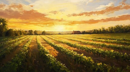 Obraz premium Golden Hour Vineyard: Vibrant Sunset Landscape Illustration in Impressionistic Style. AI Generated