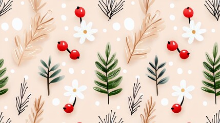 A seamless pattern featuring Christmas holly berries, perfect for gift wrapping paper, with a festive design and traditional background. It has a flat, modern texture and includes holly vines and
