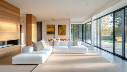 Modern Minimalist Living Room Design with Large Windows Wood Accents