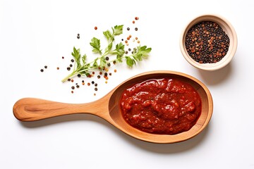 Close up of tomato paste on a porcelain spoon with garlic black pepper and oregano