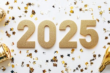 Celebration setup with golden 2025 numbers and festive confetti on a white background