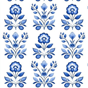 Seamless traditional Dutch delft blue and white handpainted pattern. Stock.