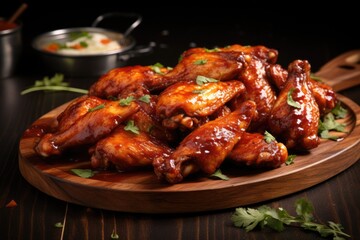 Close up shot of barbecue chicken wings on wooden tray with selective focus