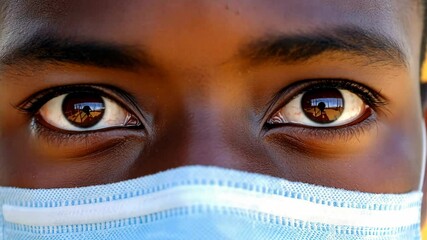 Person wearing a protective mask, focusing on expressive eyes during a health awareness event in a community setting