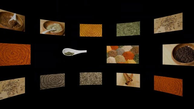 Collage of screens with various spices with alpha channel. Aromatic spice for cooking oriental, Indian and Arabic food. Spices and herbs. Pepper, turmeric, cumin, curry, dill, paprika, nutmeg