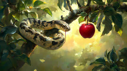 Coiled serpent nestled among verdant apple tree branches, a vivid red apple hanging prominently, bathed in dappled light, symbolizing temptation and forbidden knowledge. Verdantine. Illustration