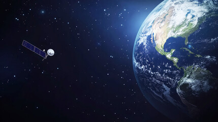 A satellite orbiting planet Earth in space, with stars in the background. Represents space exploration, technology, communication, and science.