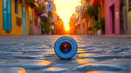 Camera Lens on Cobblestone Street at Sunset
