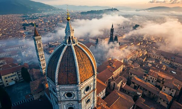 Aerial View of Florence at Sunrise with Iconic Duomo, Historic Architecture, Foggy Atmosphere, and Scenic Landscapes in Italy