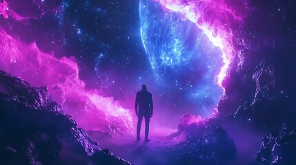 Fototapeta premium Intriguing Digital Painting: Solitary Figure Contemplates Vibrant Cosmic Landscape. AI Generated