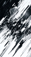 Abstract digital glitch art background with distorted black-and-white patterns, pixelated lines, and fragmented shapes creating a chaotic yet striking effect with sharp contrasts and static distortion