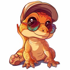 Naklejka premium A cartoon-style T-Rex with a backward baseball cap, wearing sunglasses and flashing a wide grin t-shirt design vector art illustration image. 