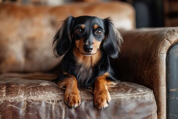 Longhaired dachshund on leather couch in cozy room