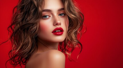Fototapeta premium Portrait of a confident woman in red studio lighting