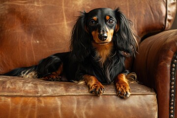 Longhaired dachshund on leather couch in cozy room