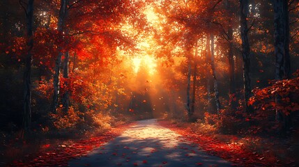 Sunlit autumn path through vibrant red forest.