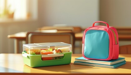 Colorful lunchbox and school backpack in classroom setting with copy space