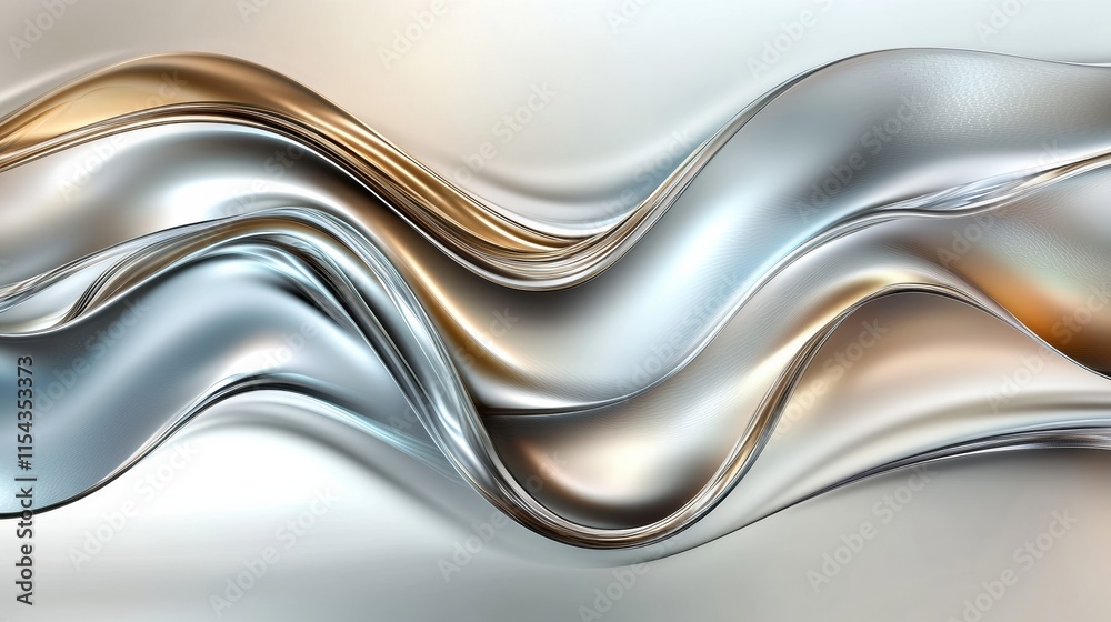 Poster Dynamic interplay of silver and gold in abstract 3D waves creates a captivating visual experience. Generative AI
