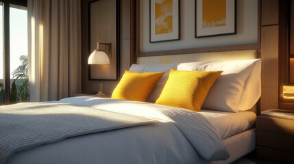 Bed with Yellow Pillows and White Blanket