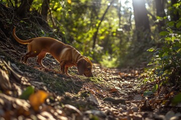 Photorealistic image of a red dachshund sniffing forest