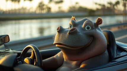 A hippo sits behind the wheel of a race car and competes in a championship race