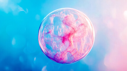 Soap bubble floating showing pink swirls on blue and pink background