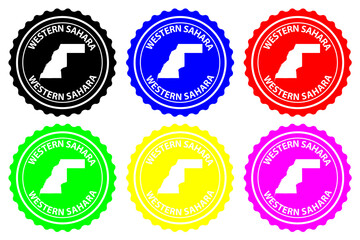 Western Sahara - rubber stamp - vector, Western Sahara map pattern - sticker - black, blue, green, yellow, purple and red
