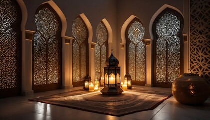 Golden Lanterns Illuminated Arabic Room Intricate Windows Warm Atmosphere