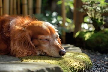 Red dachshund in Japanese garden serene and textured scene
