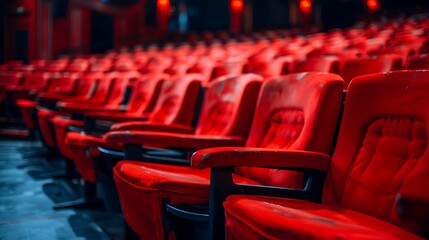 Obraz premium Rows of red chairs in an entertainment performance hall.