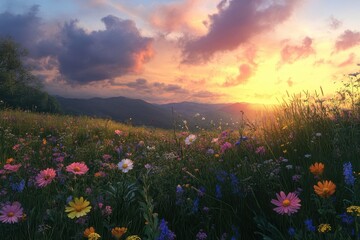 Obraz premium Beautiful sunset over a vibrant field of wildflowers in a serene landscape