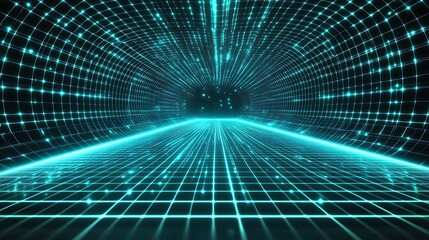 Stunning Futuristic Digital Painting: Glowing Grid Tunnel Illustration. AI Generated