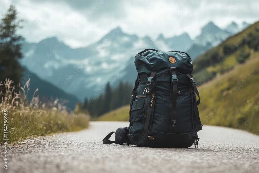 Poster travelers backpack resting on a winding road with mountains in the background during an overcast day