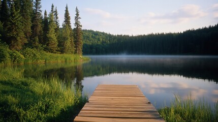 Serene lake view with wooden dock at sunrise.