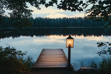 Obraz premium Serene lakeside dock at dusk with lit lantern.