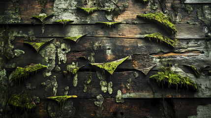 Boomerangs scattered on a wooden wall with moss and lichen, moss, nature, verdant. Verdantine. Illustration