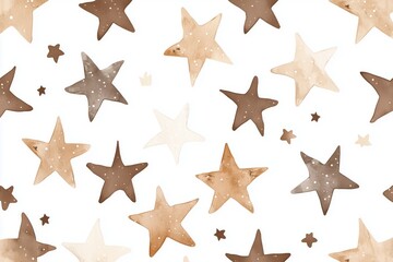 Seamless watercolor pattern of cute brown and beige stars on a white background ideal for children s room decor playful design elements