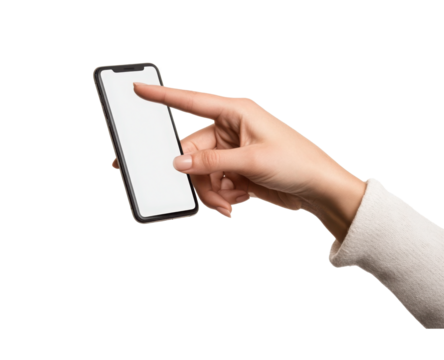 Mockup on blank touchscreen of smartphone in female hands, isolated on white background, copy space 
