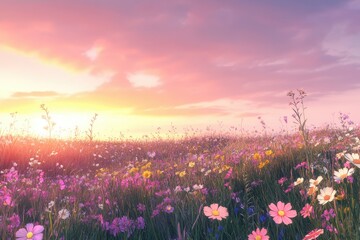 Fototapeta premium Vibrant wildflower field at sunset showcasing a blend of colors and serene atmosphere